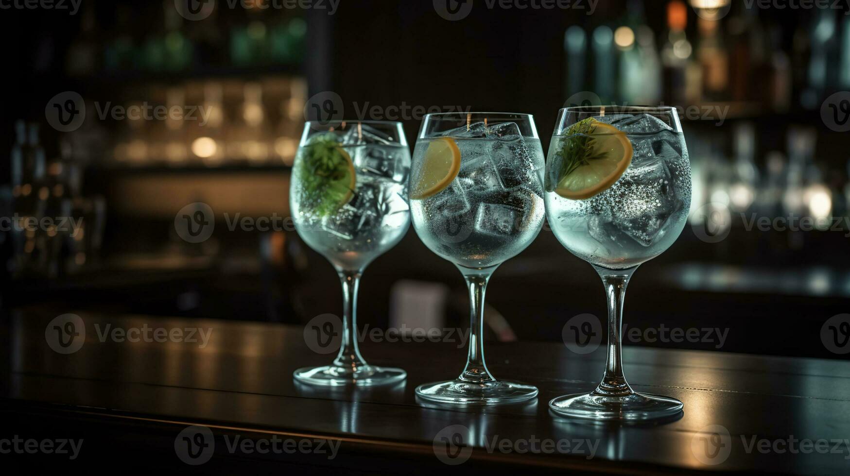 Glasses of cold gin tonic on table in bar, generative ai photo