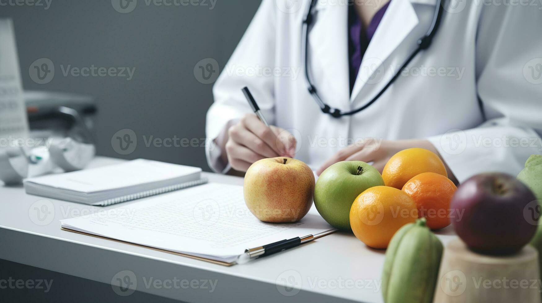 Nutritionist working at desk in office, closeup view, generative ai photo