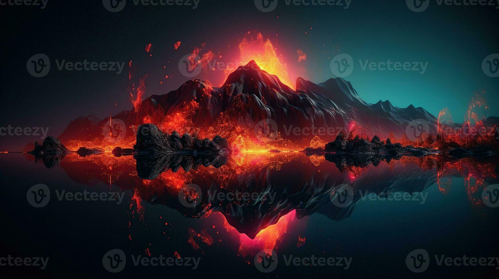Night fantasy landscape with abstract mountains and island on the water, explosive volcano with burning lava. Dark Futuristic natural scene with reflection of light in the water. generative ai photo