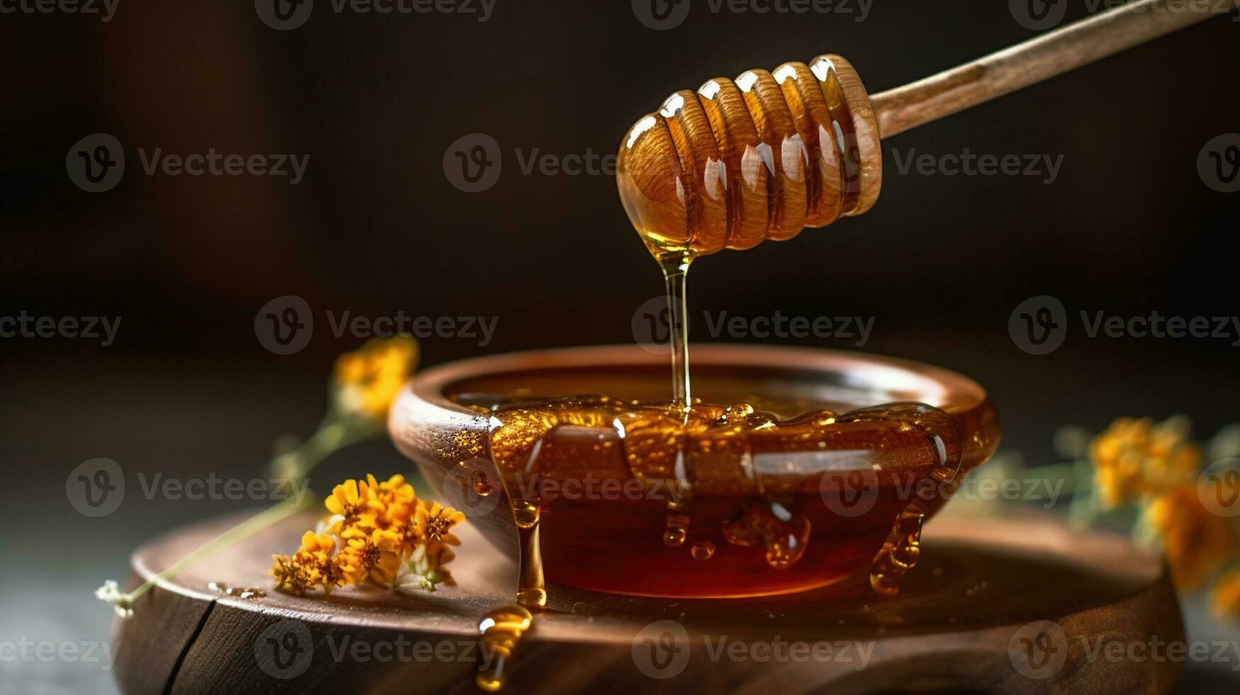 Honey dripping from honey dipper in wooden bowl. Close-up. Healthy organic Thick honey dipping from the wooden honey spoon, closeup. Flowers and jar on the table, generative ai photo