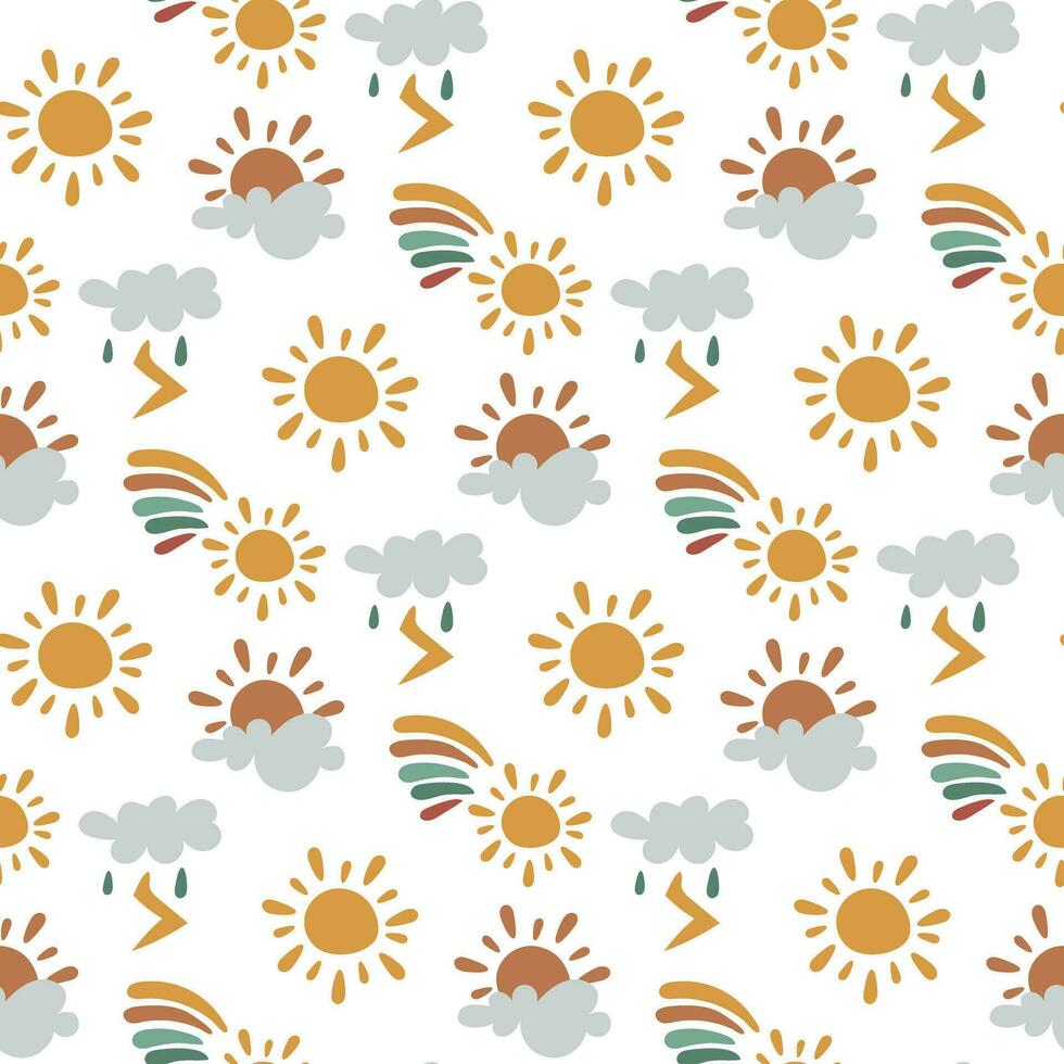 Pattern of cloud, sun, rainbow, thunderstorm on a white background. Rainbow seamless pattern, cartoon vector illustration. Children's texture for printing on fabric and paper. Gift packaging