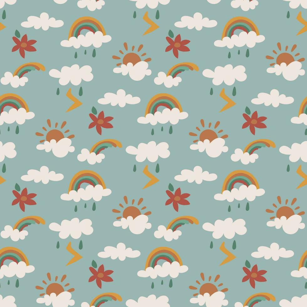 Pattern rainbow, cloud, rain, sun, flower, thunderstorm blue background. Rainbow seamless pattern, cartoon vector illustration. Children's texture for printing on fabric and paper. Gift packaging