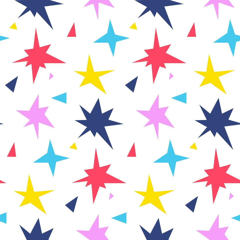 Seamless pattern in the form of various shapes and colors of stars. Bright sparks on the background of fireworks symbols, glow. Twinkle glare, glowing, light effect, bright flash. Vector of stars