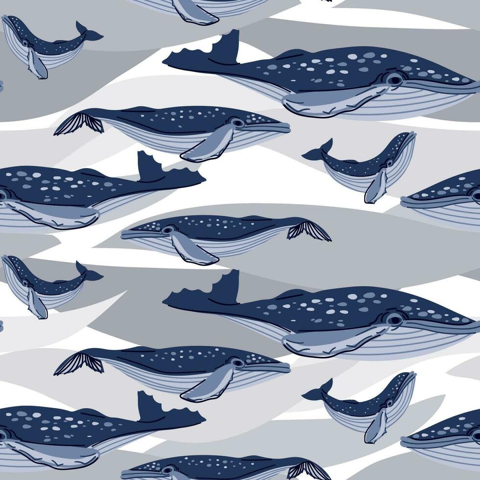 Cute seamless whale pattern on white with big wave spots. The pattern repeats a blue and white marine animal with a family. Children's illustration of a humpback whale family. printing on textiles vector
