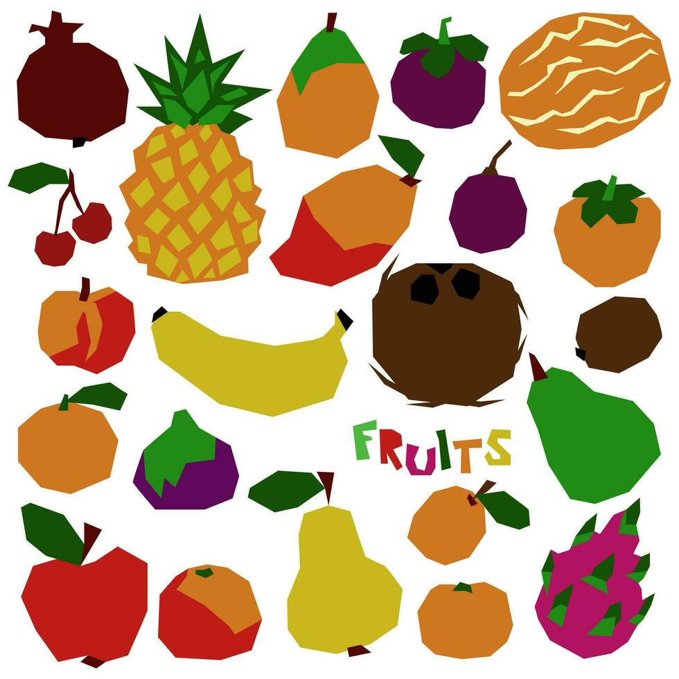 un conjunto de estilizado geométrico frutas natural orgánico tropical productos piña, Coco, papaya, manzana, mango, granada, durazno, aguacate y otros. vector plano ilustración destacado en blanco