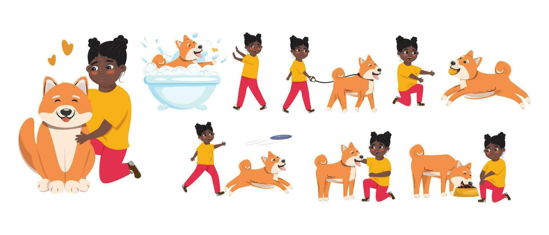 Happy black girl and her Shiba Inu dog having some nice time together vector