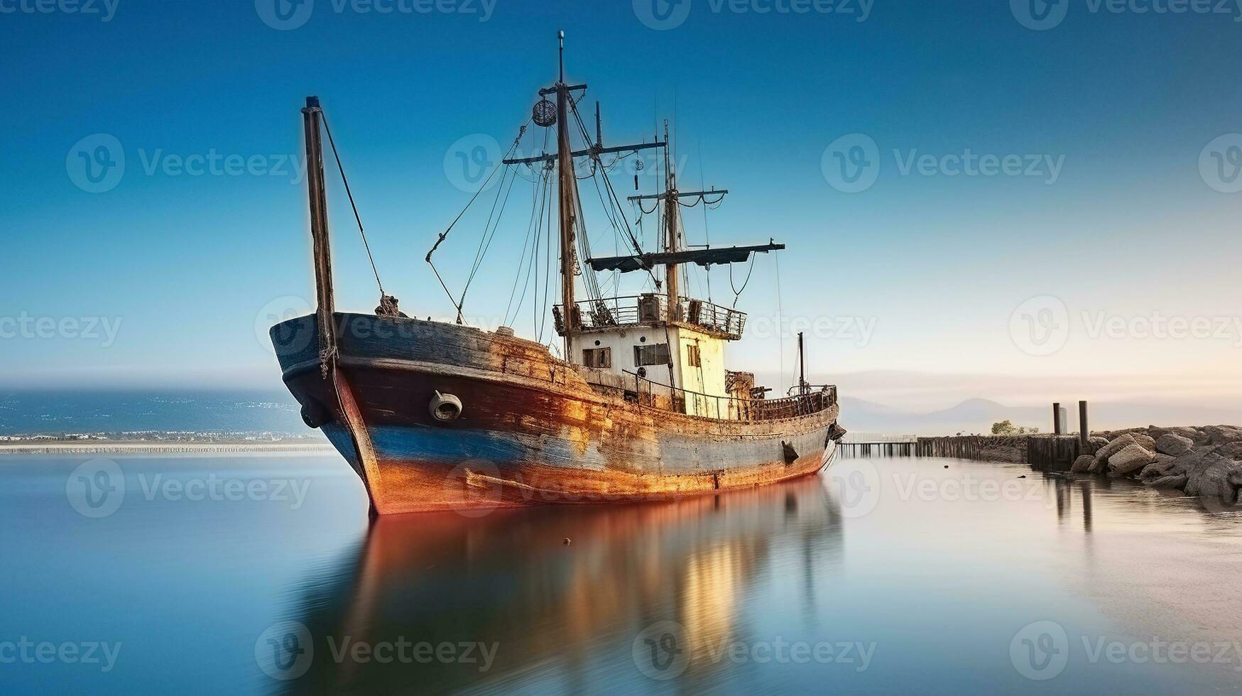 Old ship in front of pier in long exposure of water in summer day, Generative AI photo