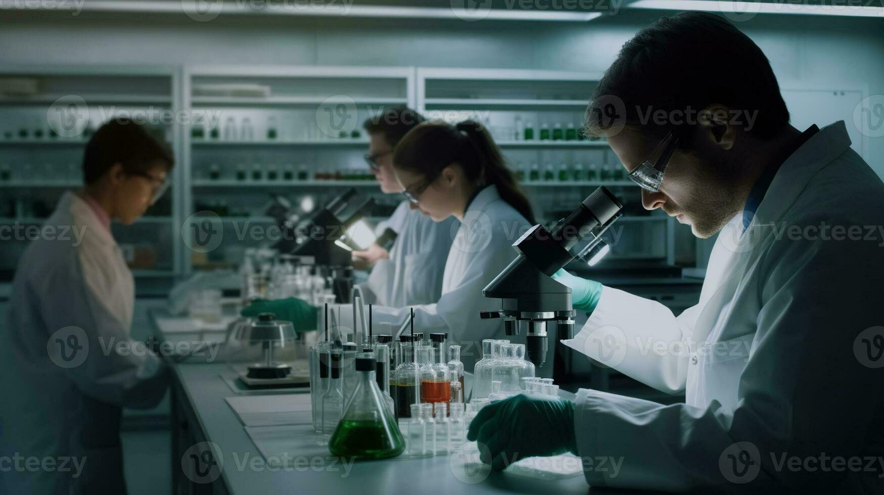 innovador mentes a trabajar, hombres y mujer en el laboratorio emprendedor límites y avanzando ciencia. generativo ai foto