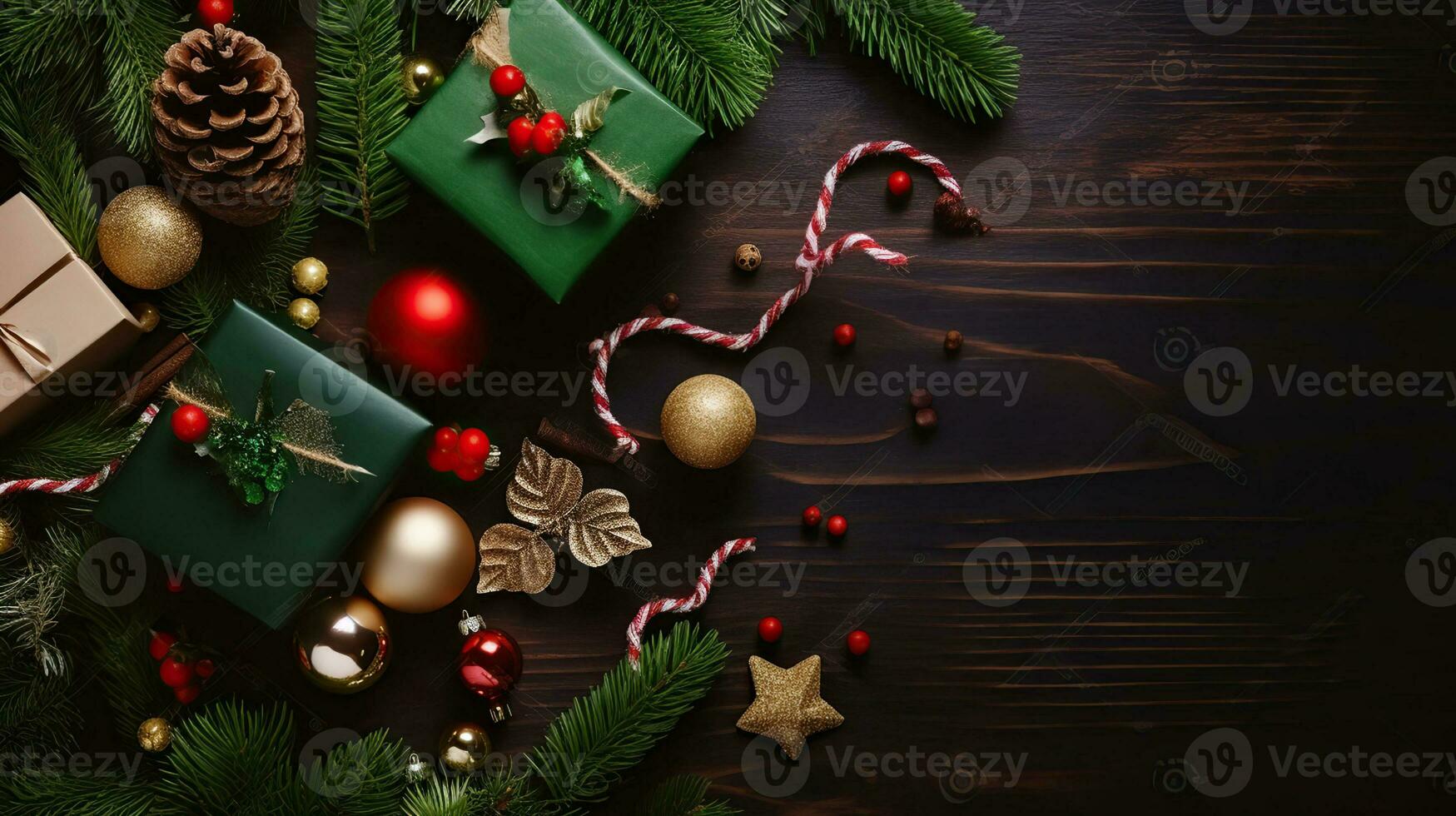 Christmas mood concept. Layout composition with traditional festive attributes, green decorative fresh pine tree branches. Winter holidays season. Copy space, Generative AI photo