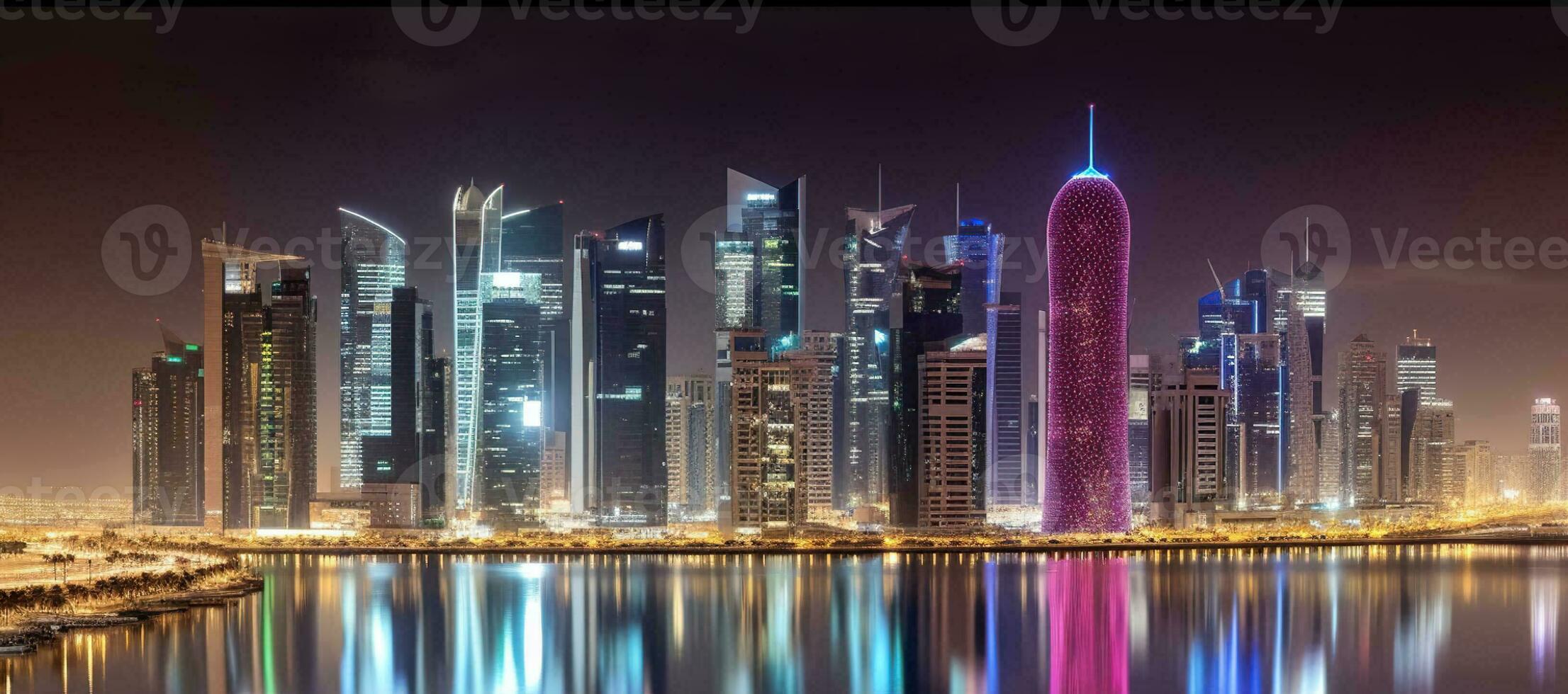 Panoramic view to the modern skyline of the City Center West Bay of Doha, during night time, Generative AI photo