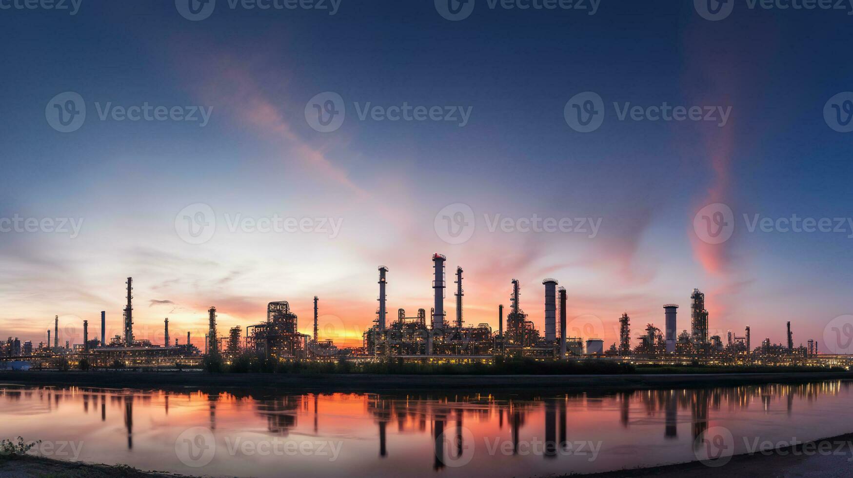 Petrochemical industrial plant power station at sunset and Twilight sky, Generative AI photo