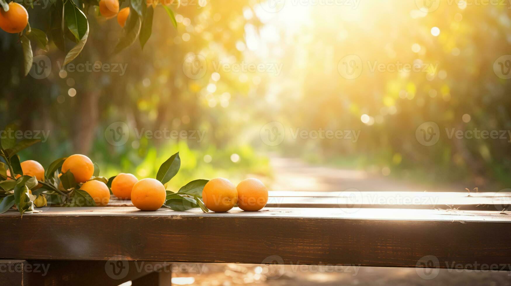 Wooden table place of free space for your decoration and orange trees with fruits in sun light. Copy space, commercial photography. AI Generative photo