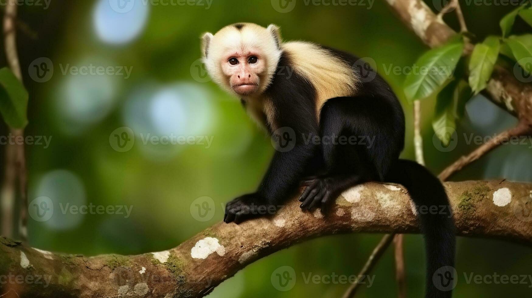 White-headed Capuchin, black monkey sitting on tree branch in the dark tropical forest. Generative AI photo