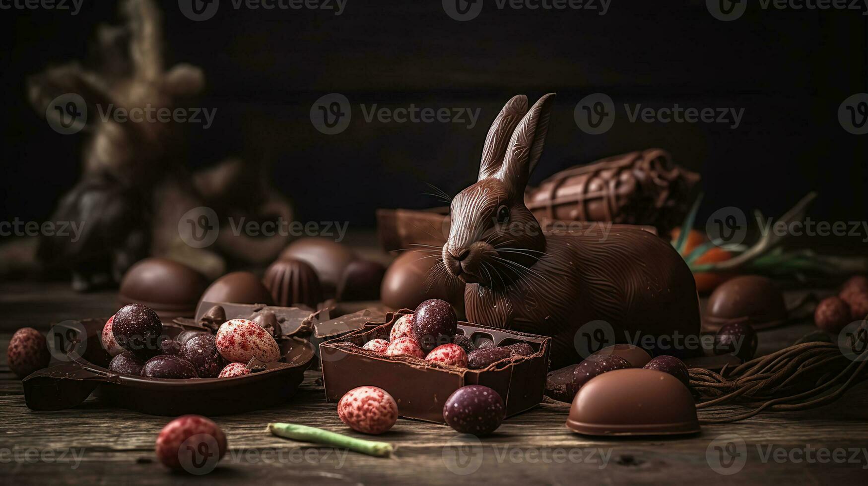 Chocolate Easter eggs, rabbit and sweets on light wooden background, AI Generative photo