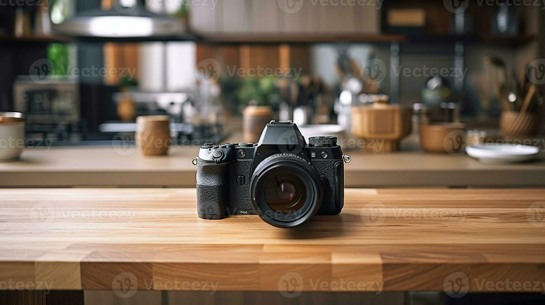 Wood table top on blur kitchen room background. For montage product display or design key visual layout, generative ai photo