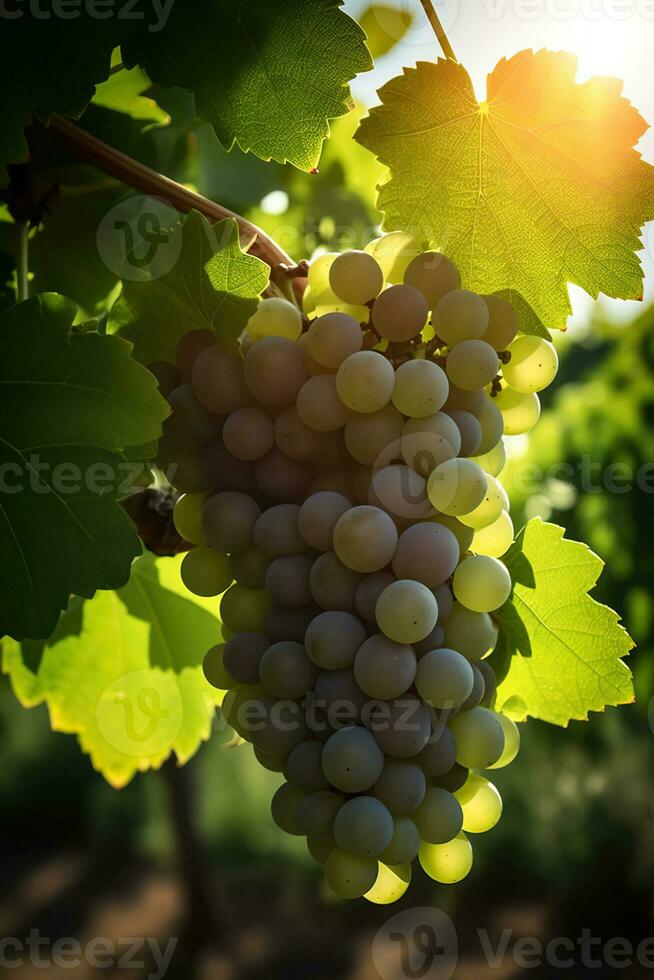A Feast for the Eyes, Crystal Clear Grapes Dangling from Sunlit Vines, Generative AI photo