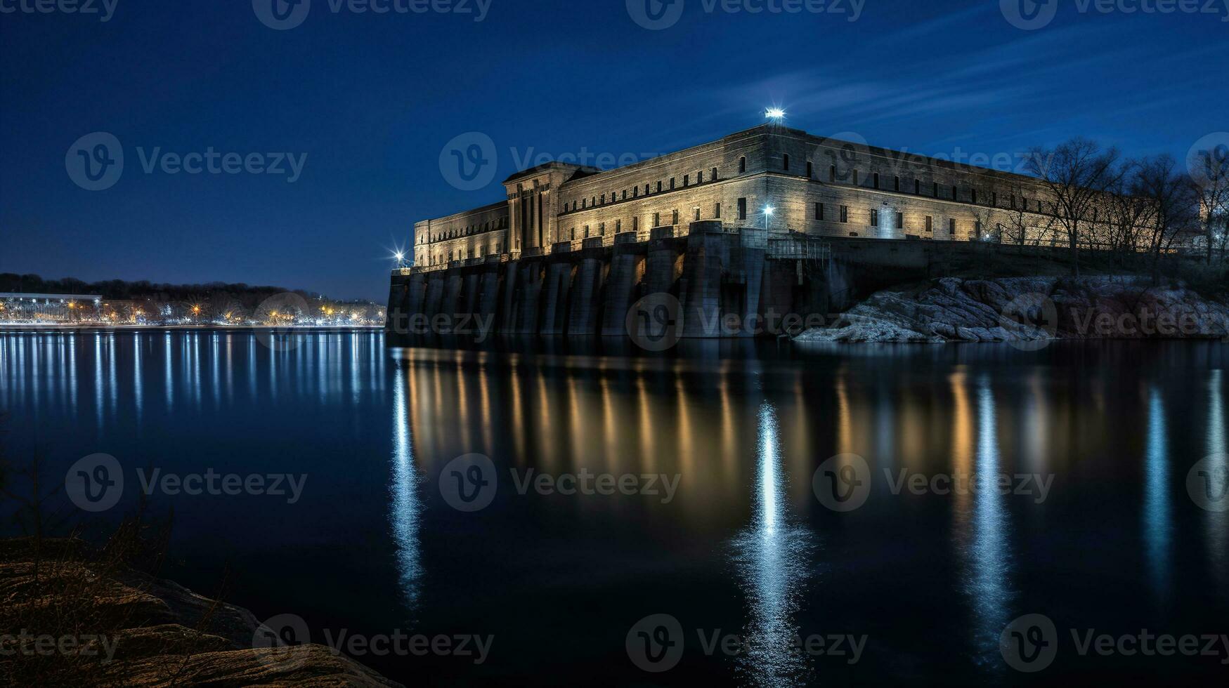 Beautiful Night of the hydroelectric power plant on the river, dusk, long exposure, generative ai photo