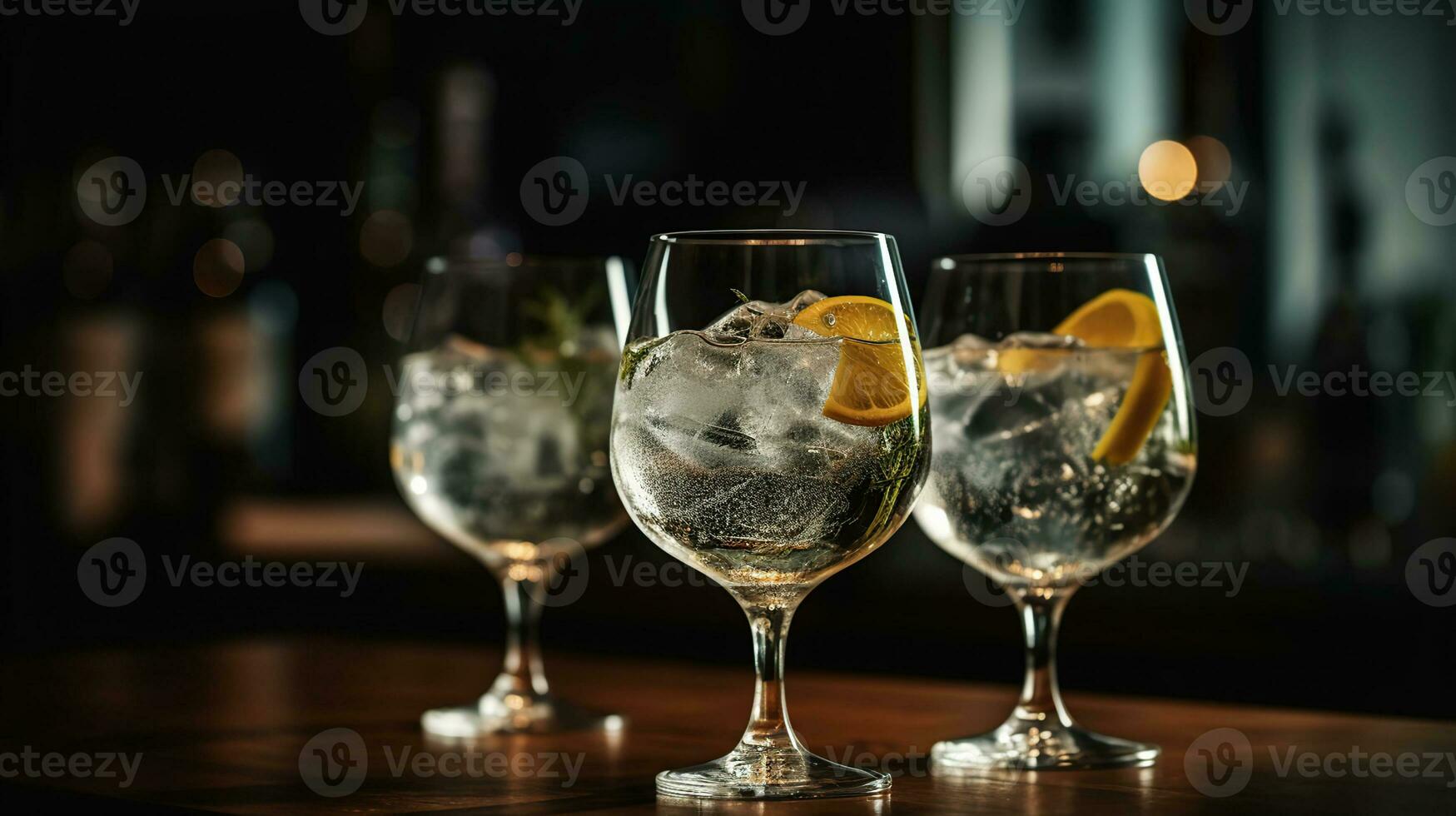 Glasses of cold gin tonic on table in bar, generative ai photo