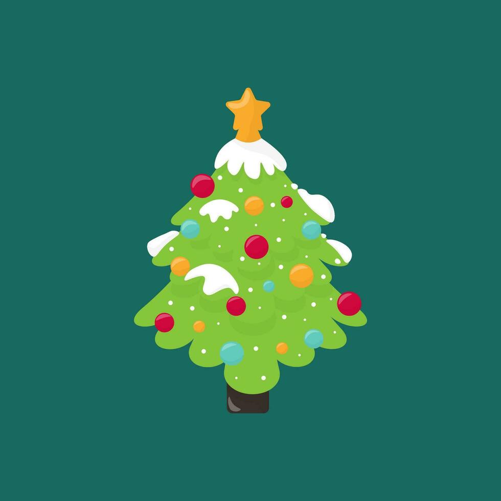 Vector cartoon single Christmas tree with Christmas toys and snow. Stock vector illustration. Isolated clipart on a turquoise background.