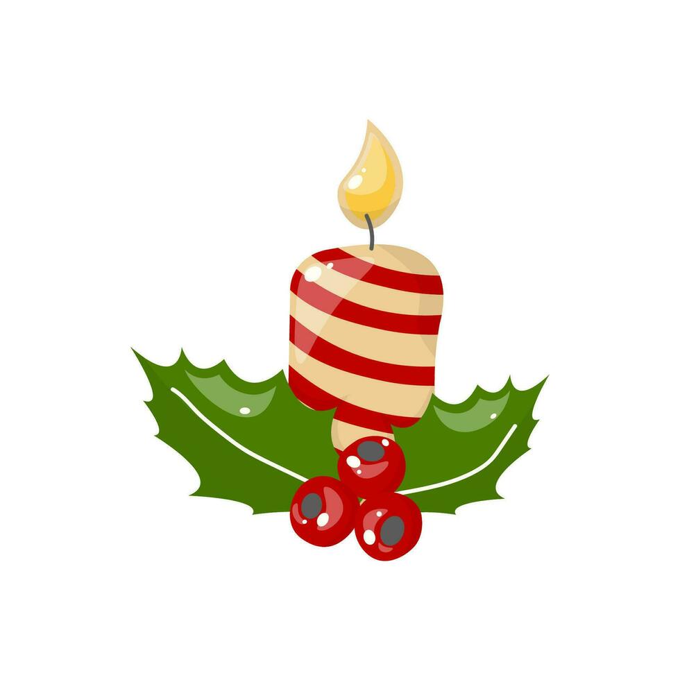 Vector single clipart of christmas candle and holly. In bright colors, on a white background. In cartoon style. Stock illustration.