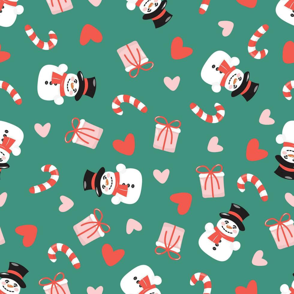 Vector seamless pattern with snowman, sugar cane, gift box and hearts. Hand drawn cartoon colorful vector illustration for banners, wallpapers, wrapping, textiles - vector design.