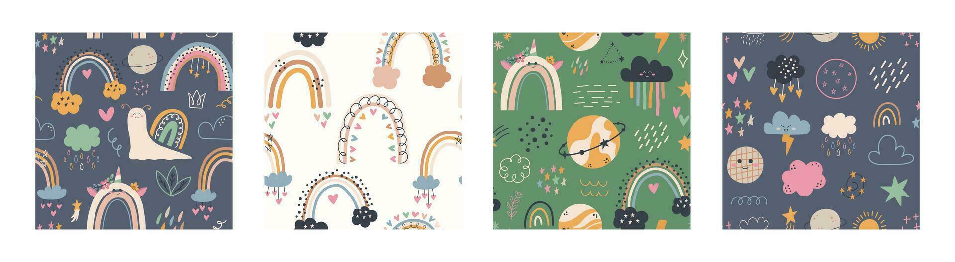 Cute hand drawn seamless patterns set in boho style. Cartoon doodle print for nursery. Design for shower invitation card, birthday, children's party, book cover, poster vector