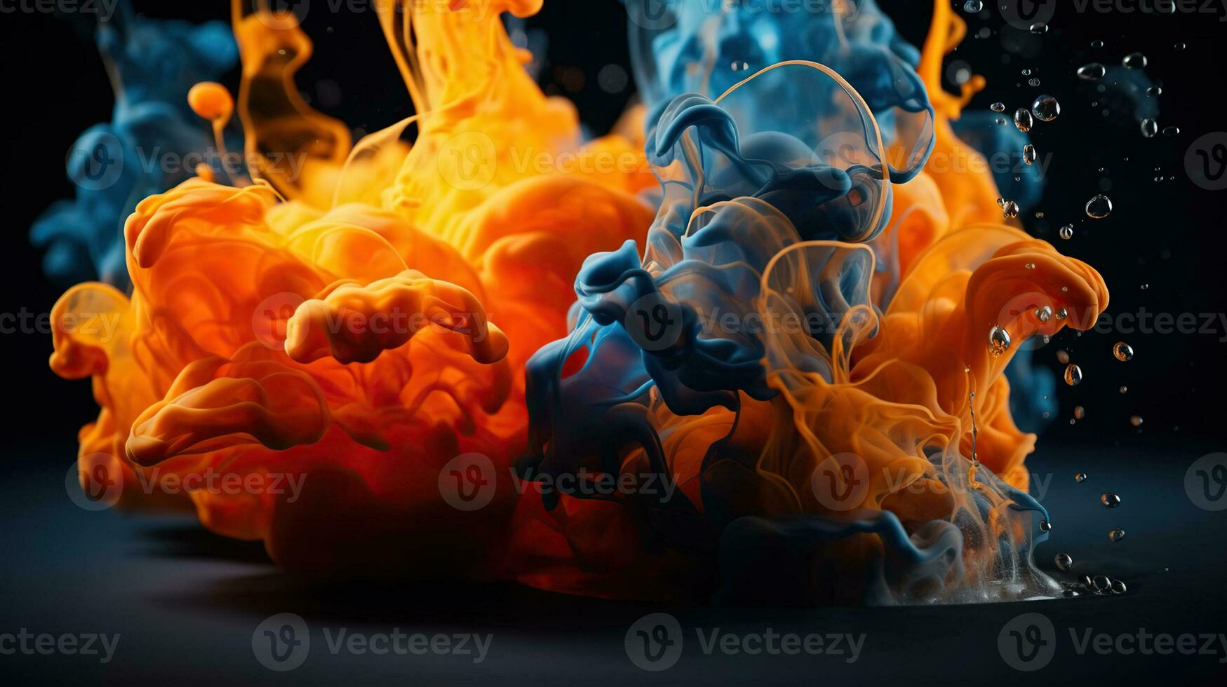 Spectacular image of blue and orange liquid ink churning together, with a realistic texture and great quality. Background. Generative AI photo