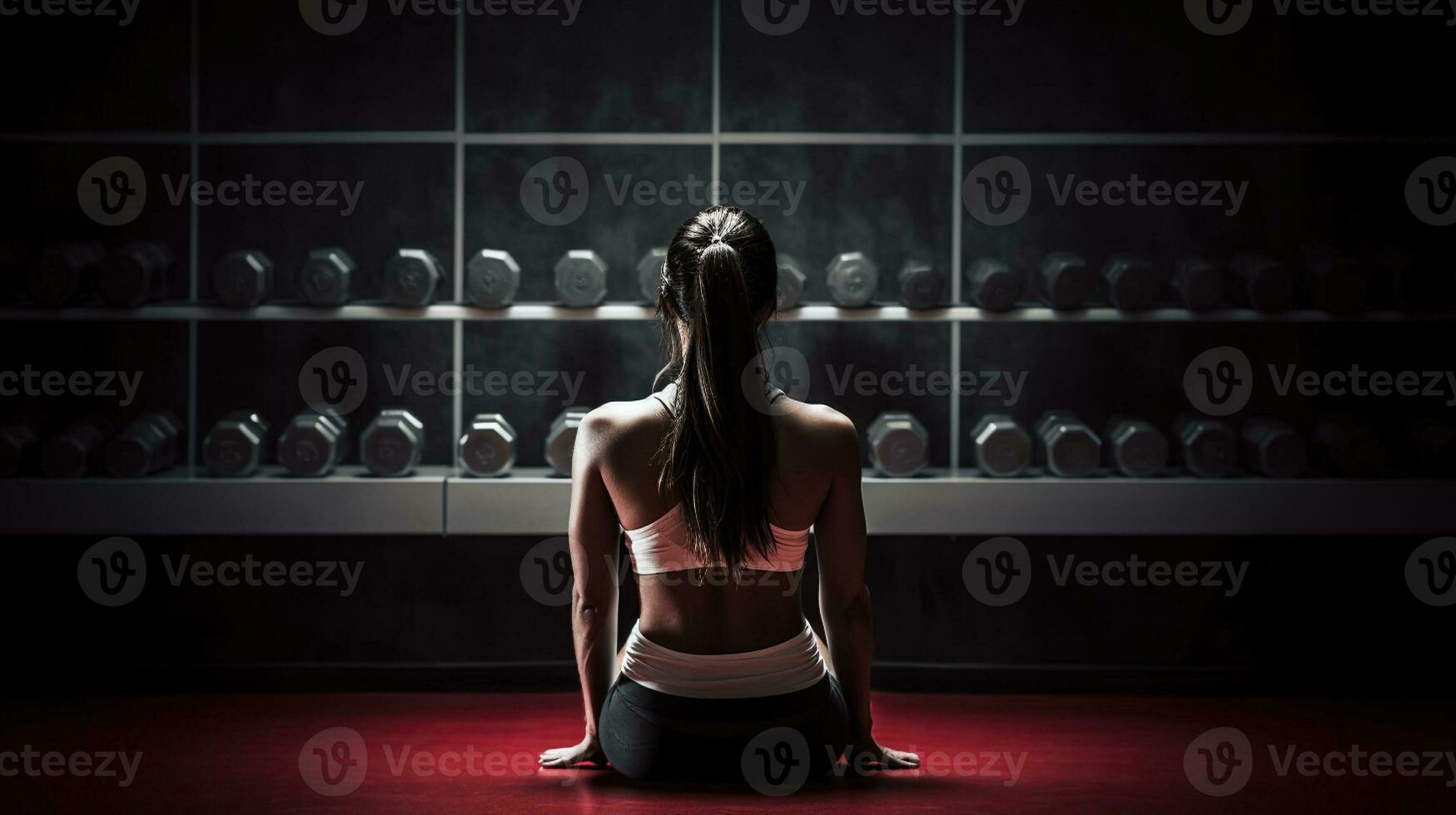 Rear View, a female muscle building athlete sitting with dumbbells, a jogger, in the style of emotional intensity, Generative AI photo