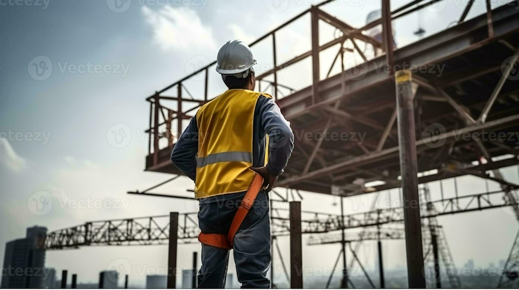 Engineer technician watching team of workers on high steel platform,Engineer technician Looking Up and Analyzing an Unfinished Construction Project, Generative AI photo