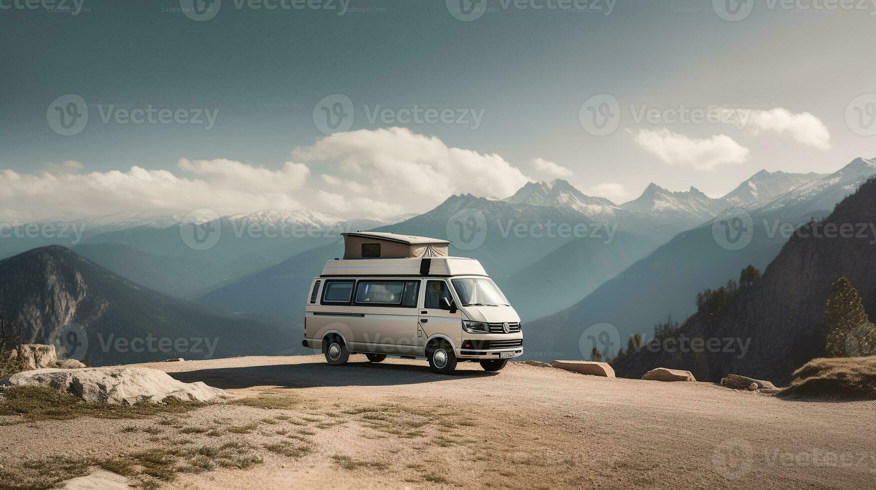 A white camper van is parked on rocky ground in front of mountains, in the style of photo-realistic landscapes, Generative AI photo