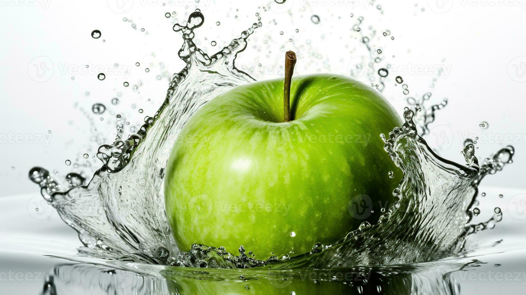 Fresh green apple and splash of water on white background, generative ai photo