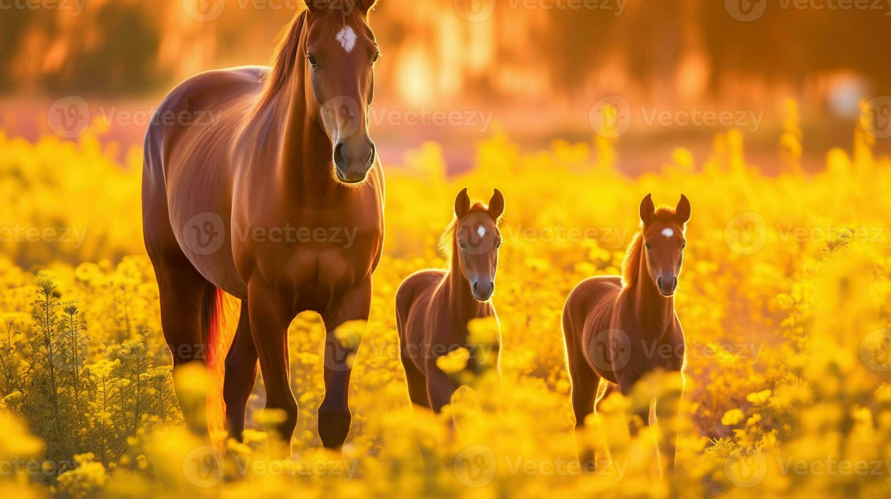 Mother and foal standing in a field of yellow flowers, in the style of beautiful, light red and light amber, Generative AI photo