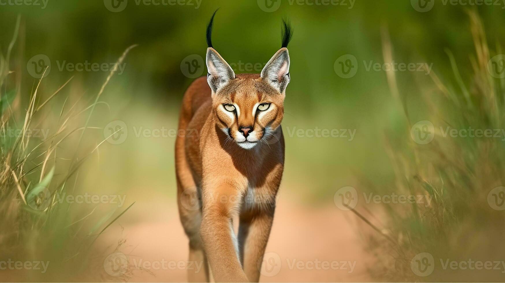 Caracal in green grass vegetation. Animal face to face walking on gravel road, Beautiful wild cat in nature habitat. Generative AI photo