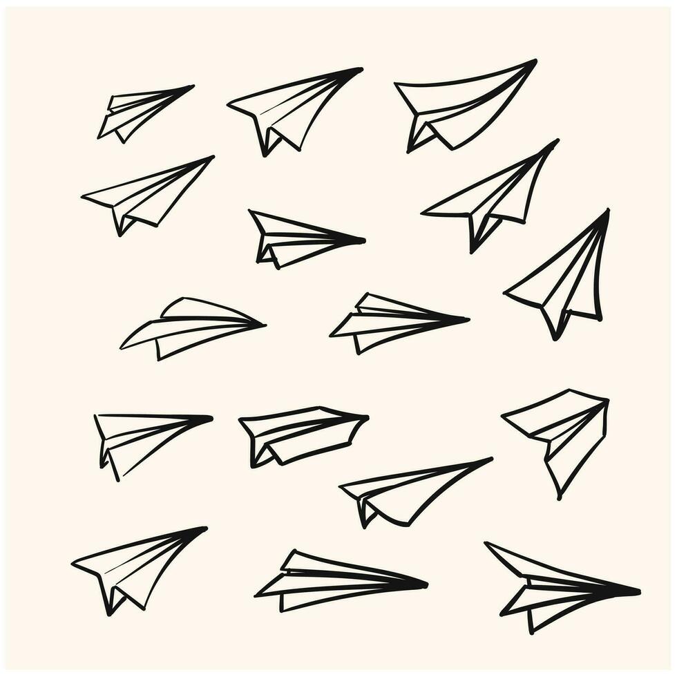 vector papel avión. viajar, ruta símbolo. conjunto de mano dibujado papel avión vector ilustraciones. aislado. describir. mano dibujado garabatear avión. negro lineal papel avión icono.