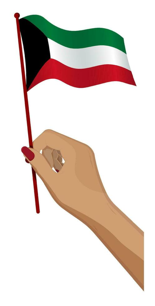Female hand gently holds small Kuwait flag. Holiday design element. Cartoon vector on white background