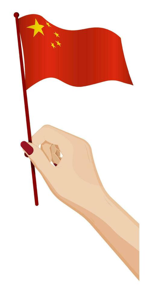 Female hand gently holds small Chinese flag. Holiday design element. Cartoon vector on white background