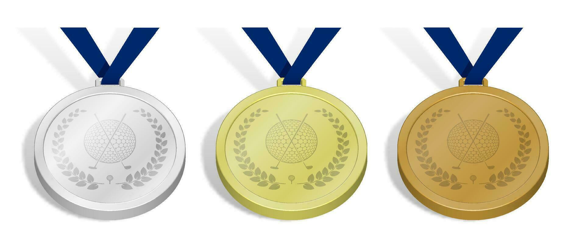 set of sport medals with emblem of crossed sports golf club and ball with laurel wreath for golf competition. Gold, silver and bronze award with blue ribbon. 3d vector