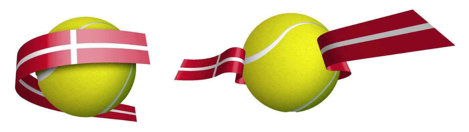 Deportes tenis pelota en cintas con colores de Dinamarca bandera. aislado vector en blanco antecedentes