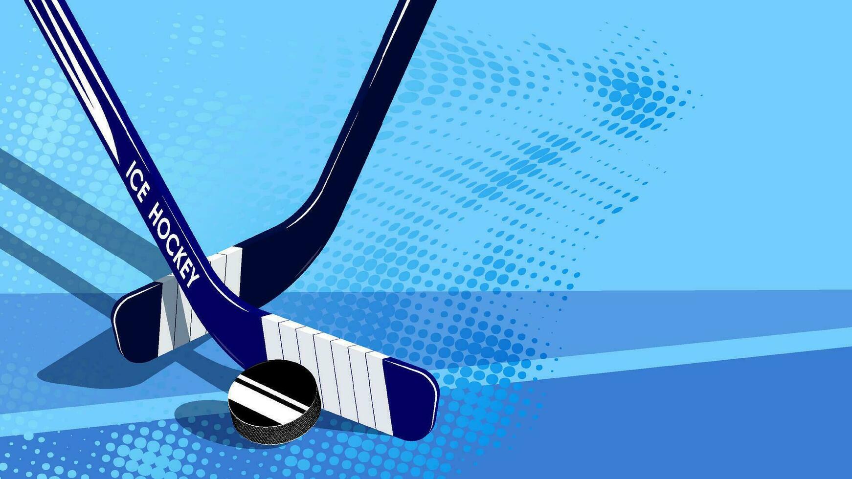 crossed sports sticks for ice hockey behind black rubber puck. Sport competition. Fighting in ice arena. Vector on blue back