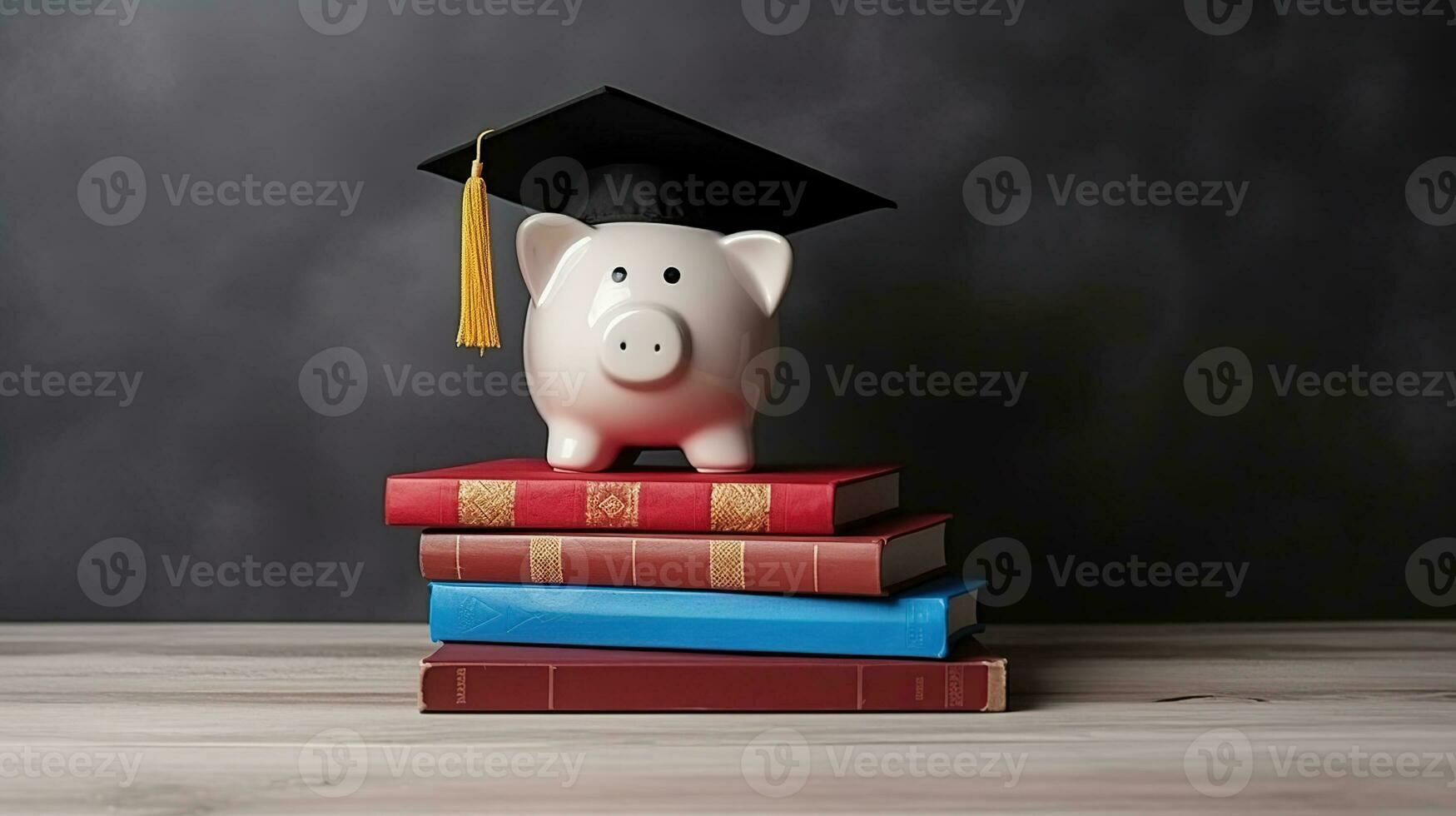 cerdito banco con graduación sombrero y libros en mesa. ai generativo foto