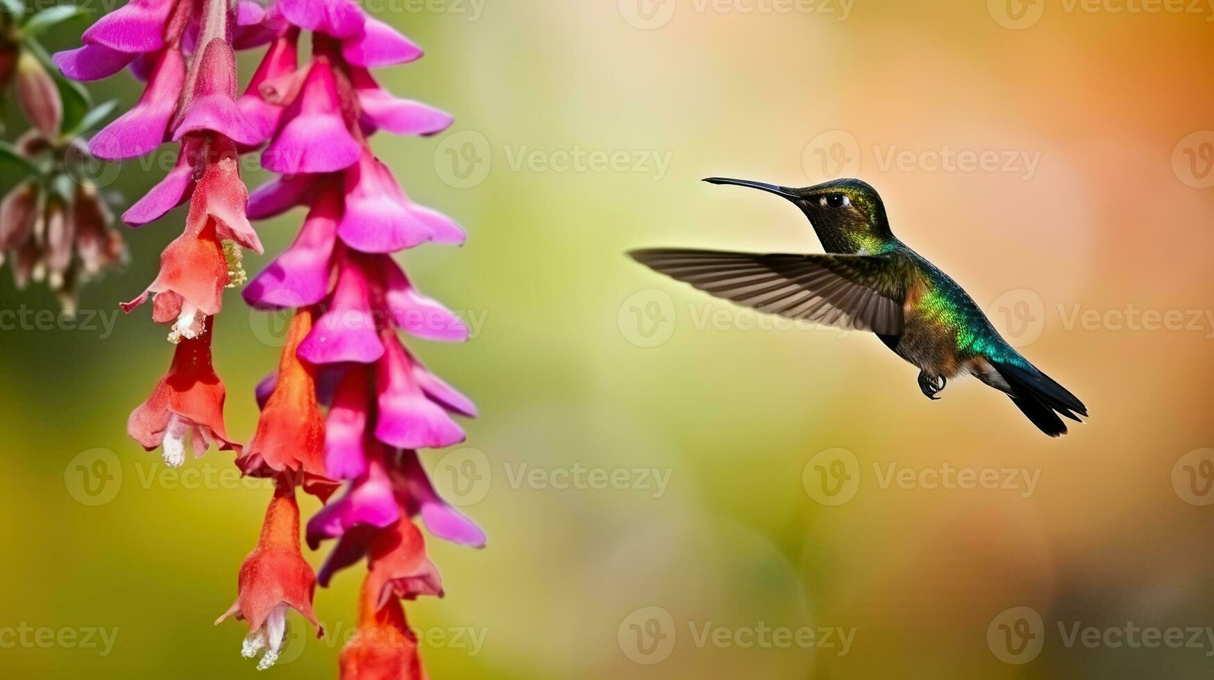 Hummingbird with pink bloom in forest habitat. Colibri thalassinus, flying in the nature tropical wood habitat, red flowe. Generative AI photo