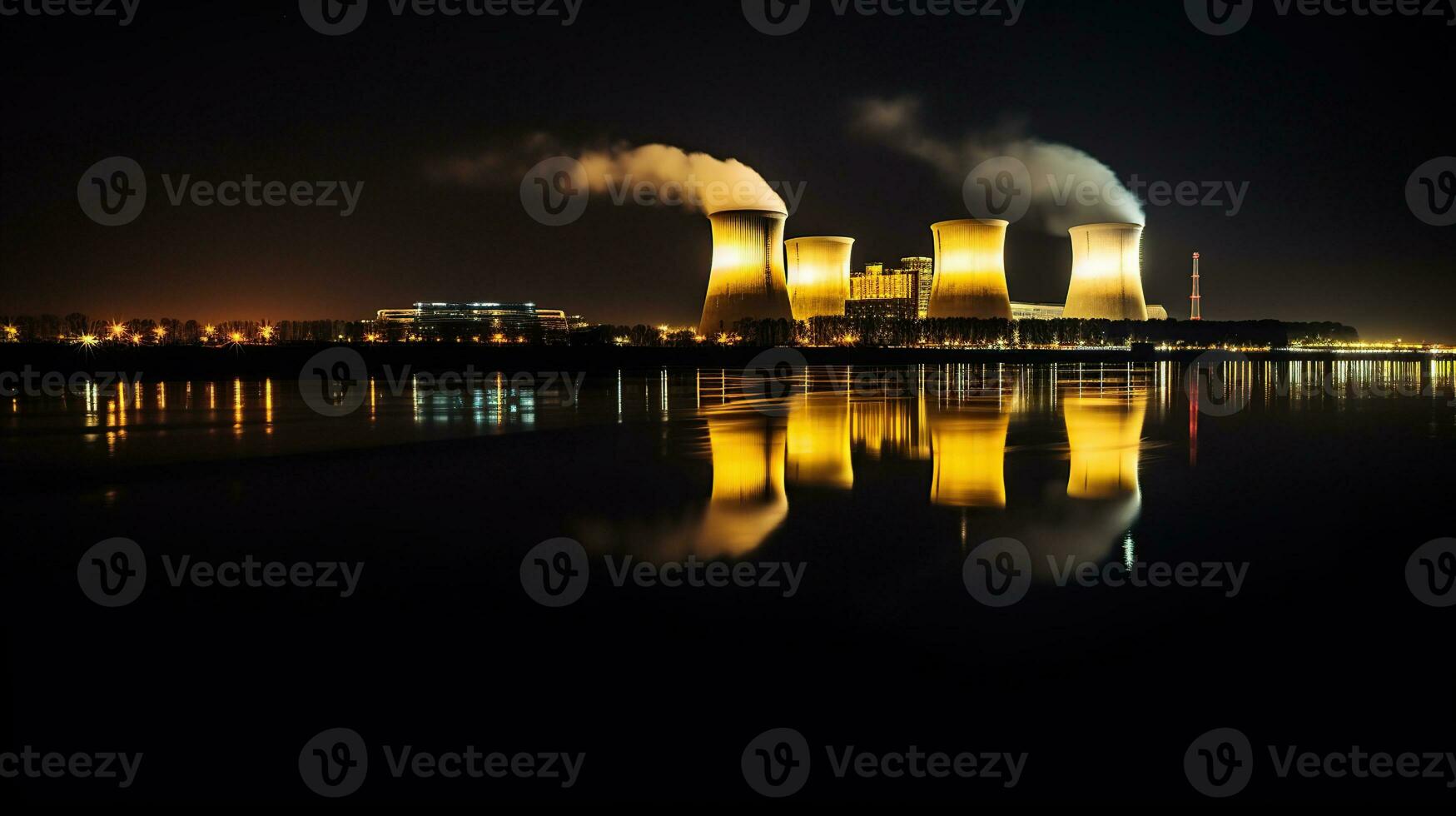 Night lights of nuclear power station, generative ai photo