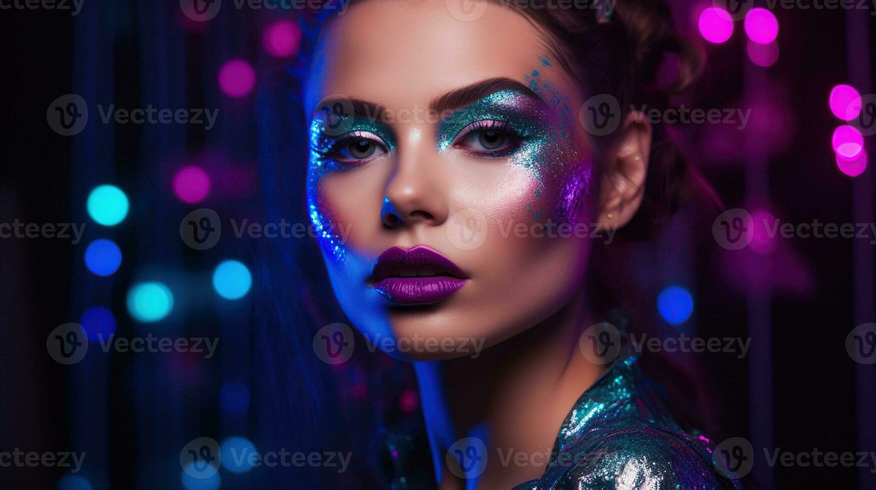 Women Portrait With Glowing Colored Makeup In Black Light Stock