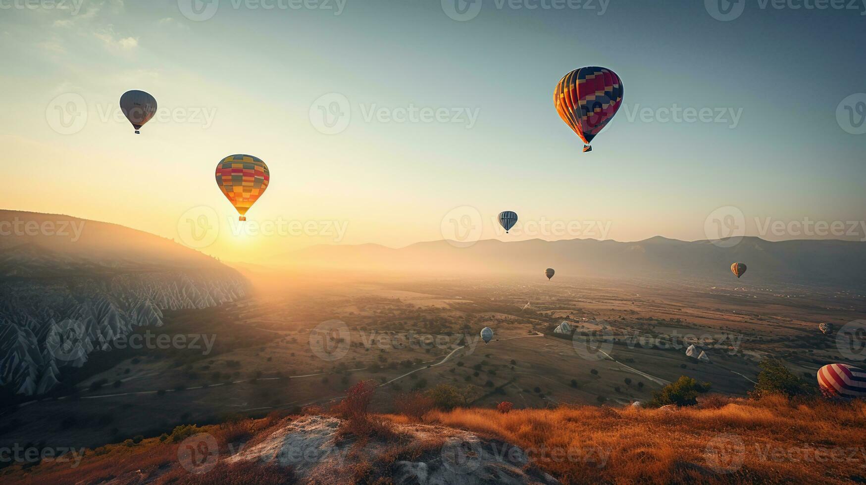 Colorful hot air balloons flying over mountain at Dot Inthanon, Thailand, generative ai photo