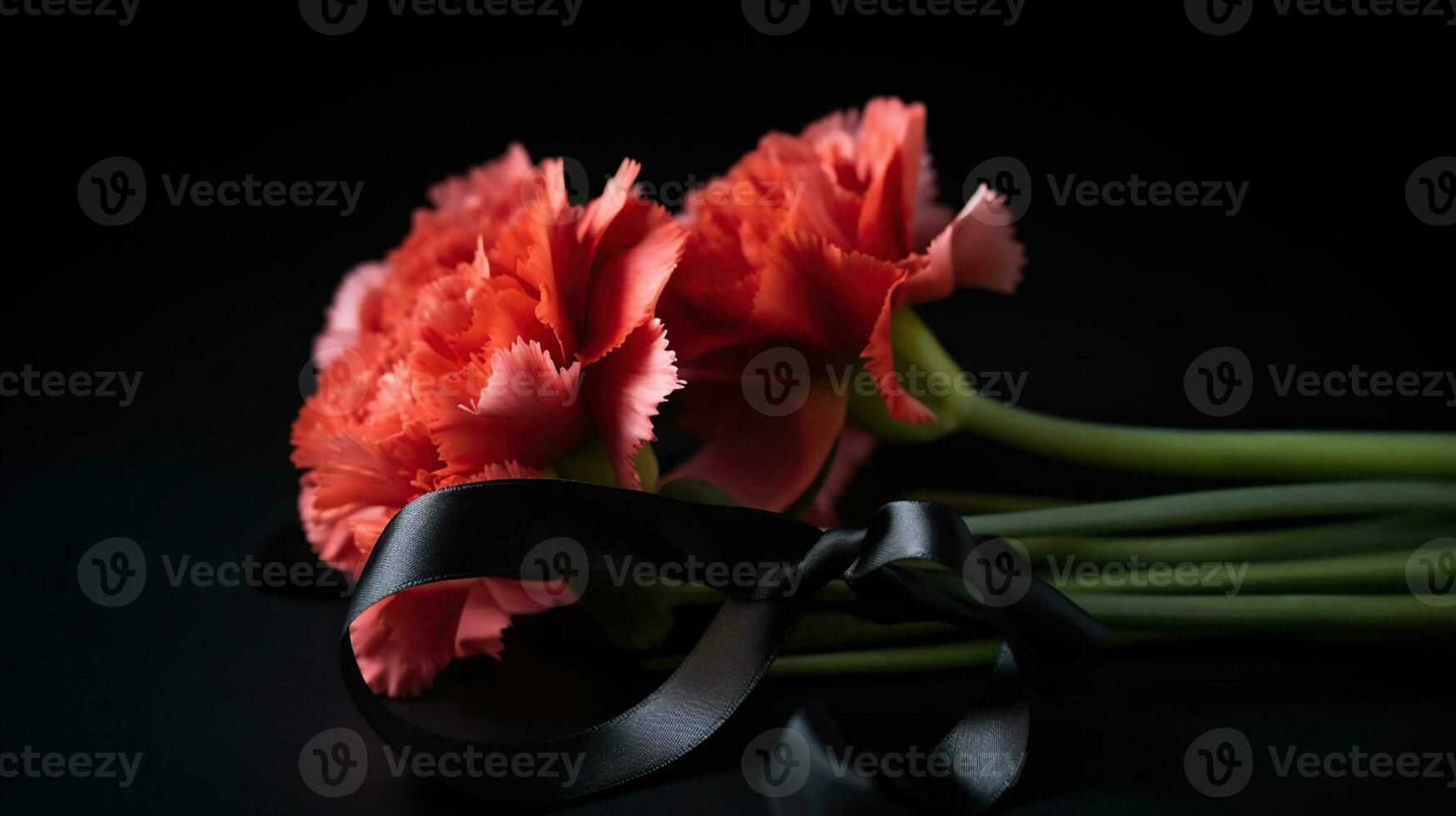 Black funeral ribbon with carnation flowers, AI Generative photo