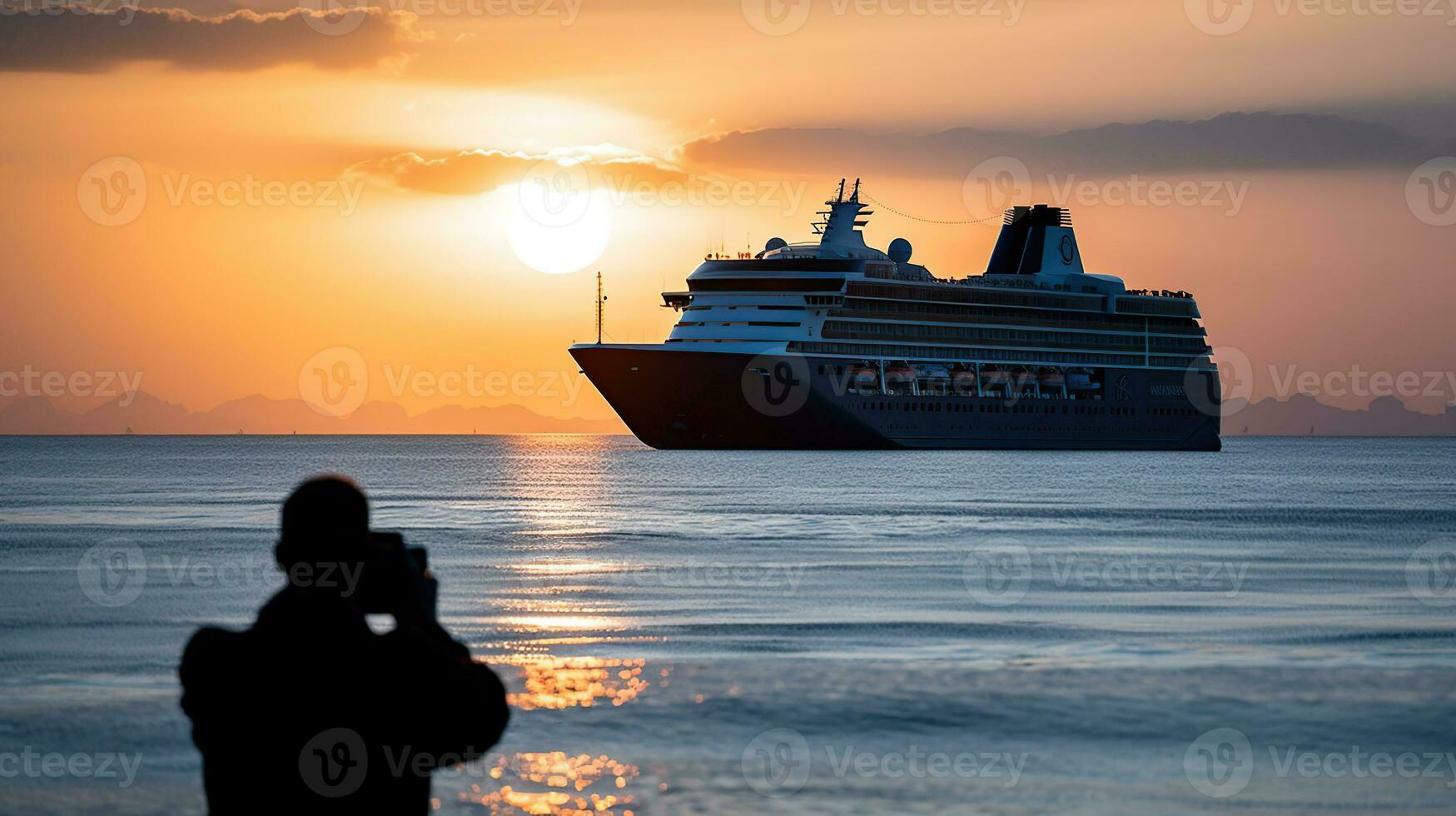 Luxury cruise ship sailing to port on sunrise, generative ai photo