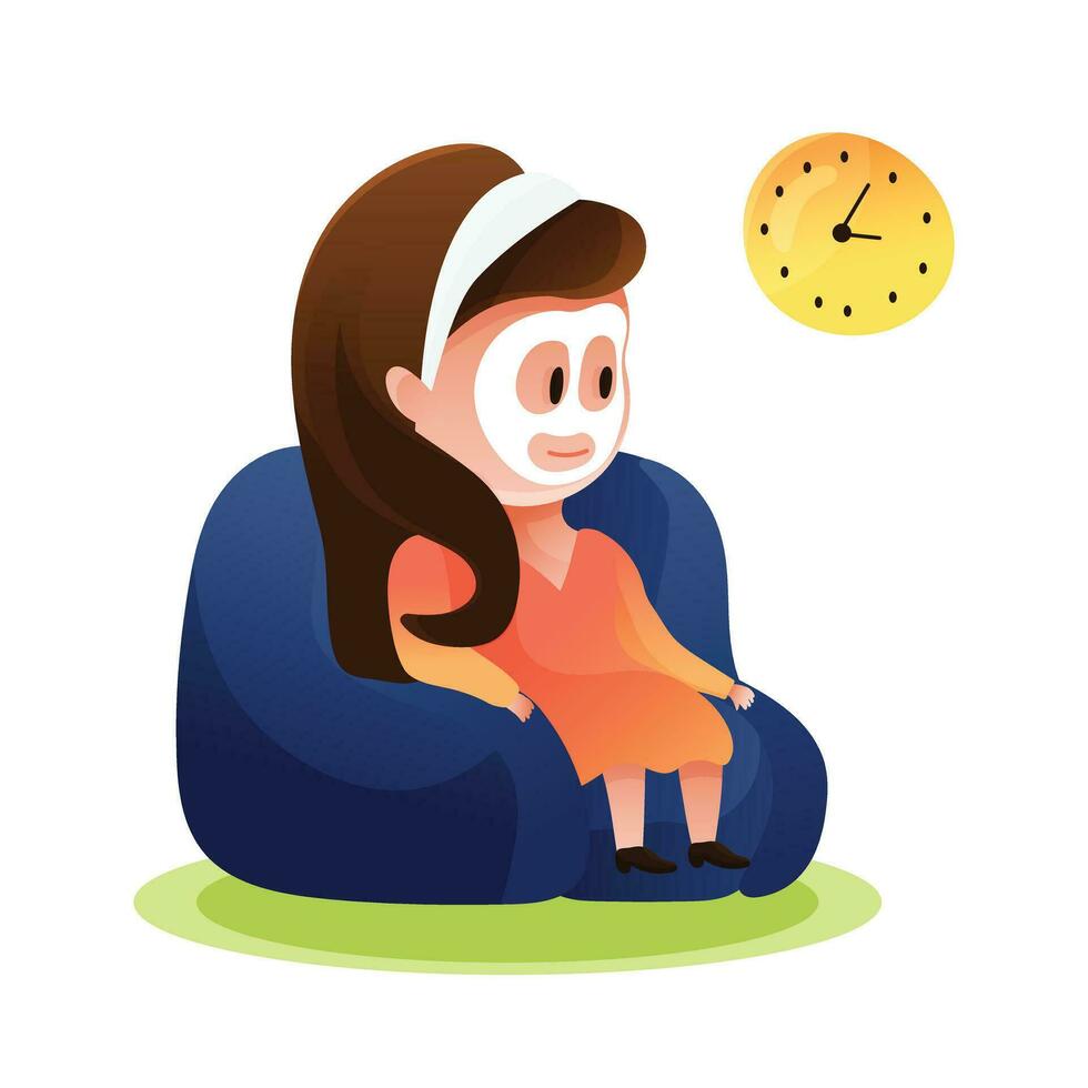 Cute woman sits in a chair wearing a sheet mask and waits for time to pass. The clock on the wall shows the time. Cartoon style character of a girl who watches her beauty. Skin care concept. vector