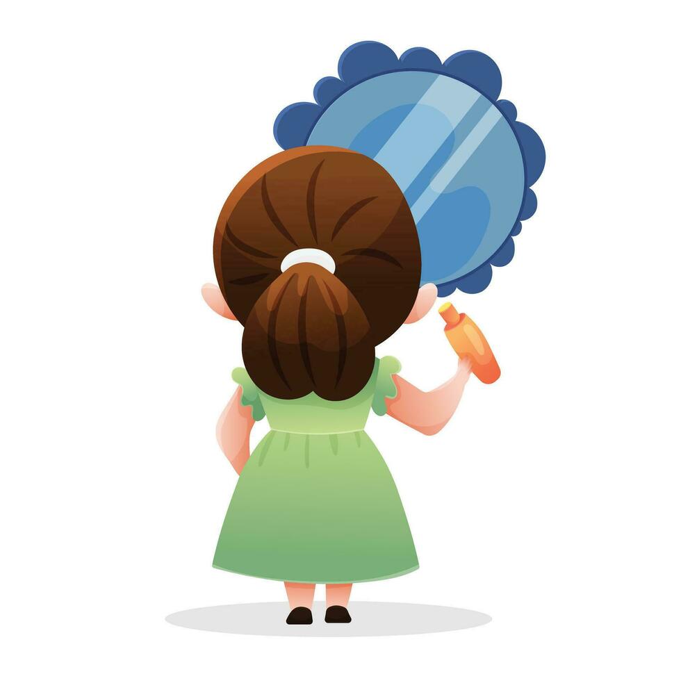 Cute woman in the bathroom in front of the mirror applying moisturizer to her skin.  Female character in cartoon style watching over her beauty. Skin care concept. vector