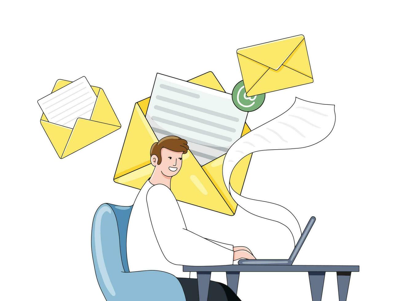 Concept Newsletter. A man sitting at a desk writing content for an email newsletter. Hand drawn illustration style. vector
