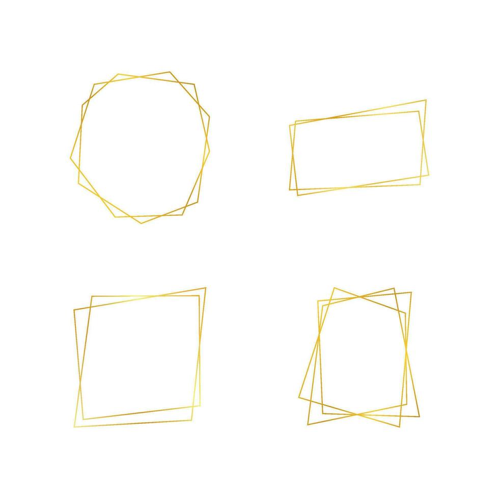 Set of four gold geometric polygonal frames with shining effects isolated on white background. Empty glowing art deco backdrop. Vector illustration.